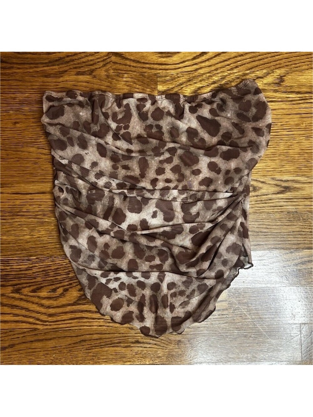 Y2K Leopard Print Ruched Mesh Tube Top with Handkerchief Hem - Size Small